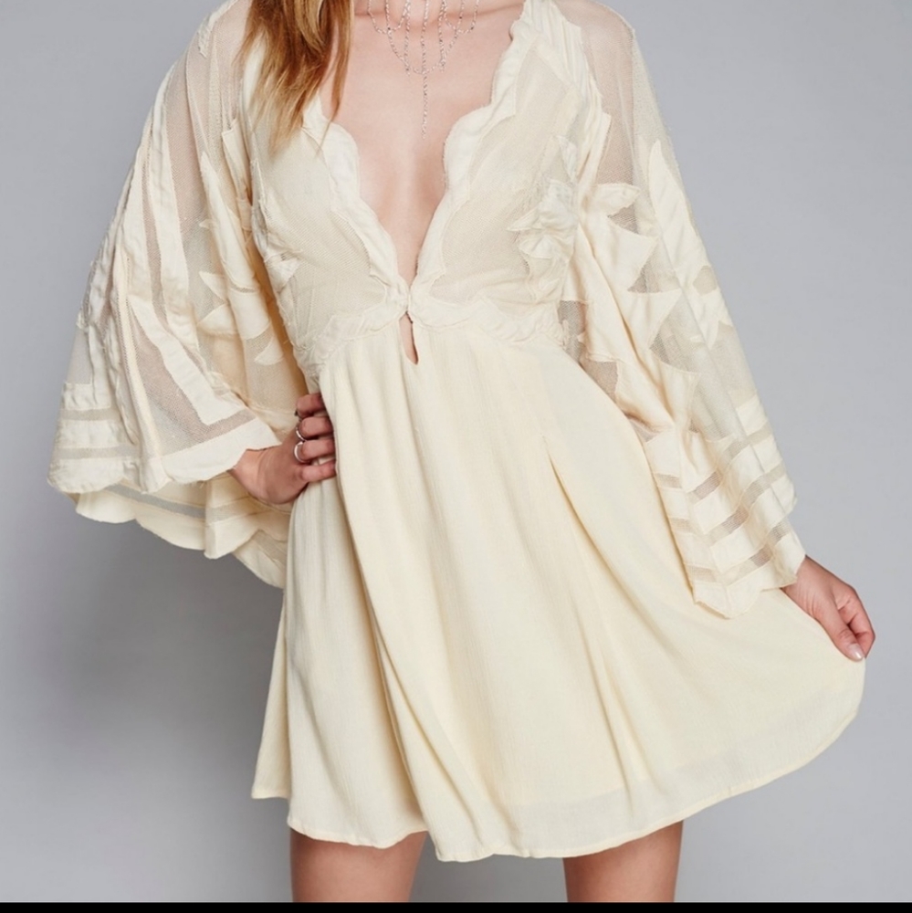 Free People Blue Mahoe plunging Dress In Cream - Picture 1 of 5